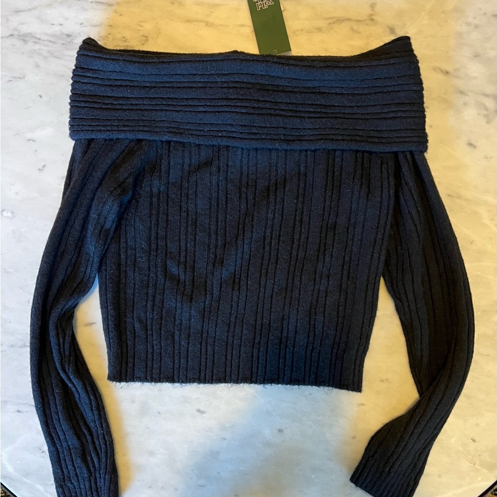 Black Off-Shoulder Ribbed Sweater